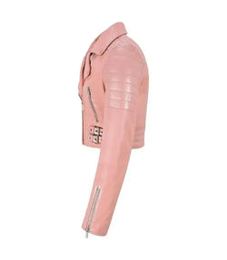 Womens Baby Pink Cropped Leather Jacket View 4