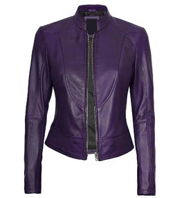 Womens Purple Leather Cafe Racer Jacket View 2