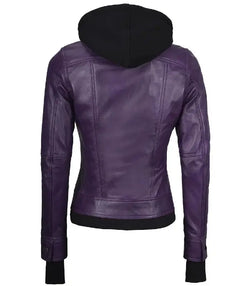 Plum Purple Hooded Leather Bomber Jacket View 4