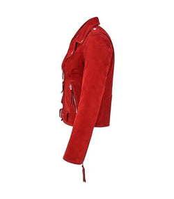 Red Suede Leather Biker Jacket View 4