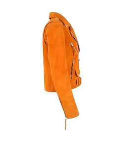 Yellow Suede Leather Biker Jacket View 3