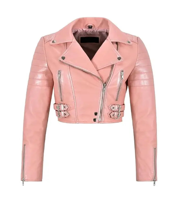 Womens Baby Pink Cropped Leather Jacket