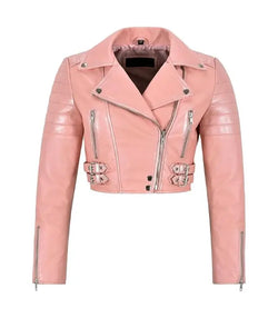 Womens Baby Pink Cropped Leather Jacket View 1
