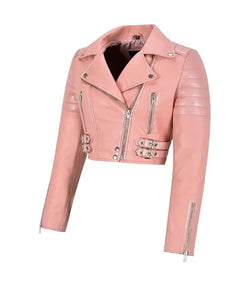 Womens Baby Pink Cropped Leather Jacket View 2