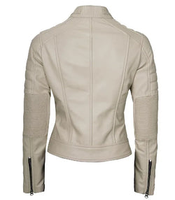 Women Cafe Racer Beige Leather Jacket View 4