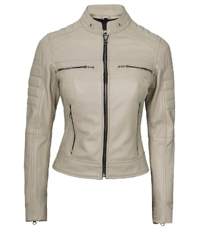 Women Cafe Racer Beige Leather Jacket