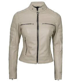 Women Cafe Racer Beige Leather Jacket View 1