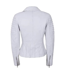 White Leather Biker Jacket View 3