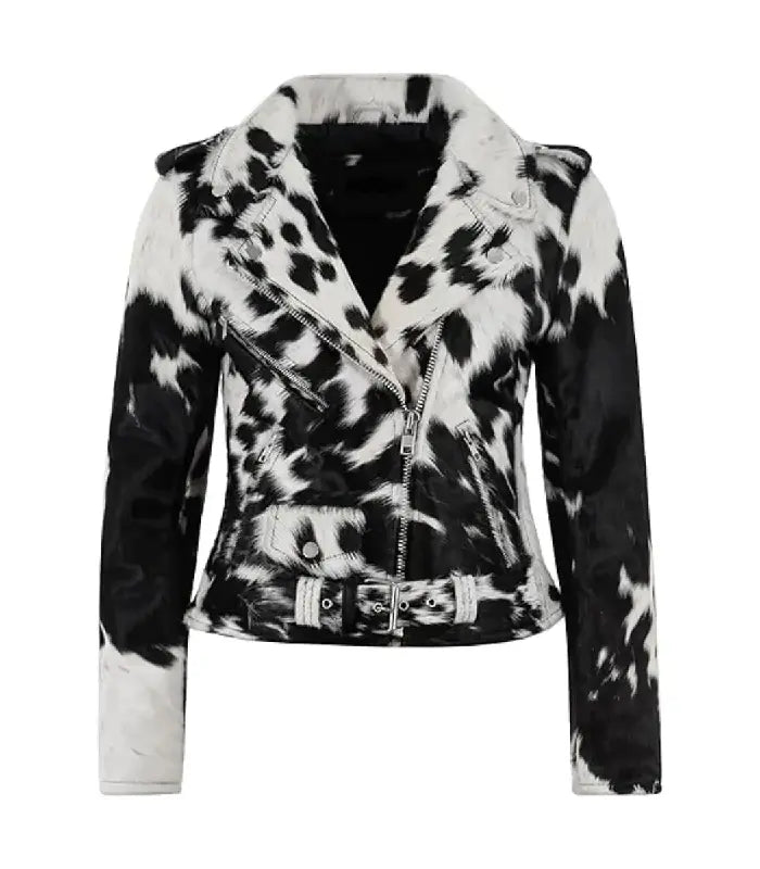 Black and White Cowhide Leather Biker Jacket