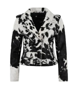 Black and White Cowhide Leather Biker Jacket View 1