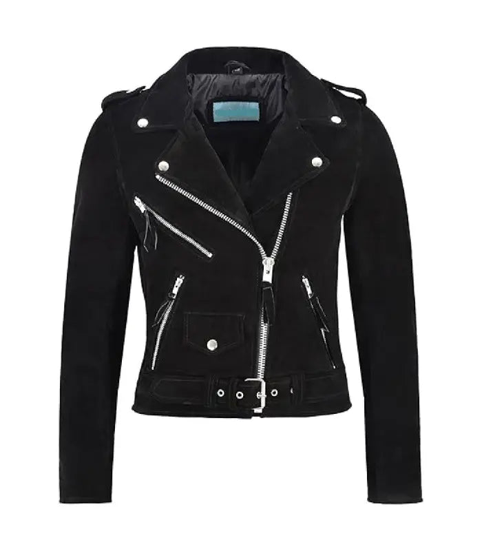 Black Fringe Suede Leather Biker Jacket