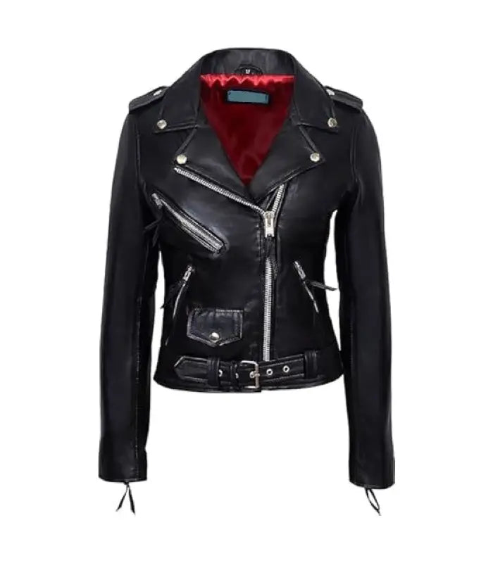 Black Leather Biker Jacket with Red Lining
