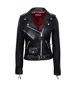 Black Leather Biker Jacket with Red Lining View 1