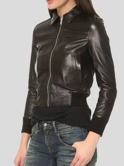 Women's Black Leather Bomber Jacket View 2