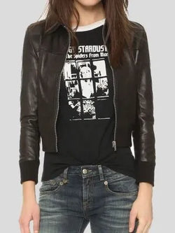 Women's Black Leather Bomber Jacket View 3