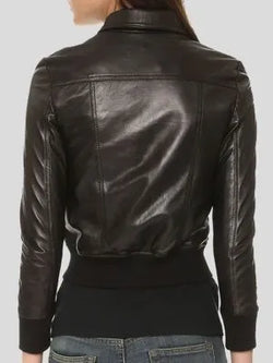 Women's Black Leather Bomber Jacket View 4