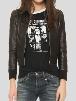 Women's Black Leather Bomber Jacket View 1
