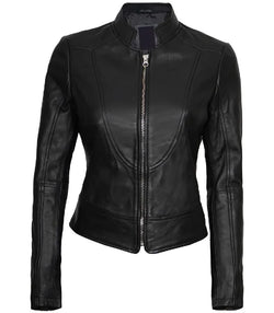 Womens Black Leather Cafe Racer Jacket View 1