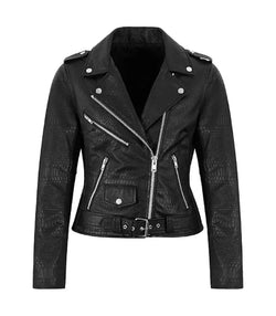 Black Snake-Embossed Leather Biker Jacket View 1