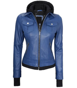 Womens Blue Hooded Leather Bomber Jacket View 2