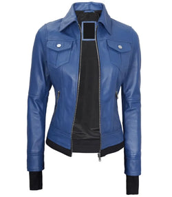Womens Blue Hooded Leather Bomber Jacket View 5