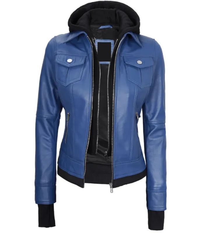 Womens Blue Hooded Leather Bomber Jacket