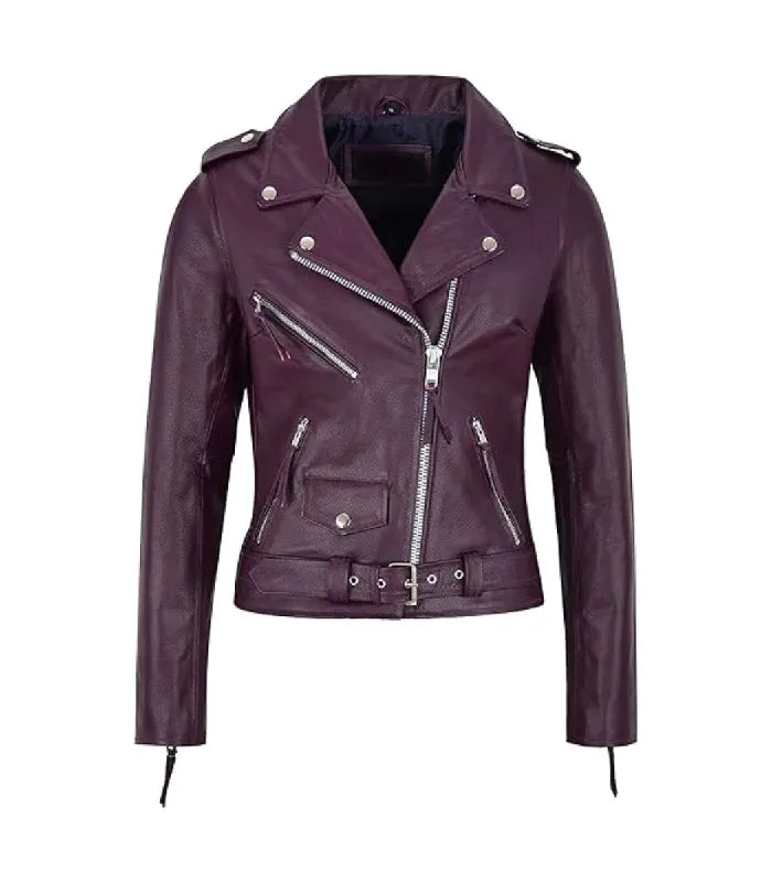 Womens Brando Purple Leather Biker Jacket