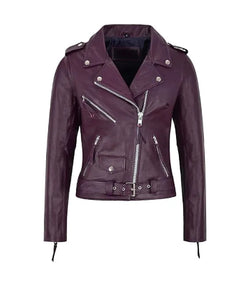 Womens Brando Purple Leather Biker Jacket View 1