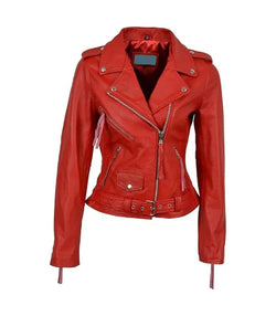 Womens Brando Red Leather Biker Jacket View 1