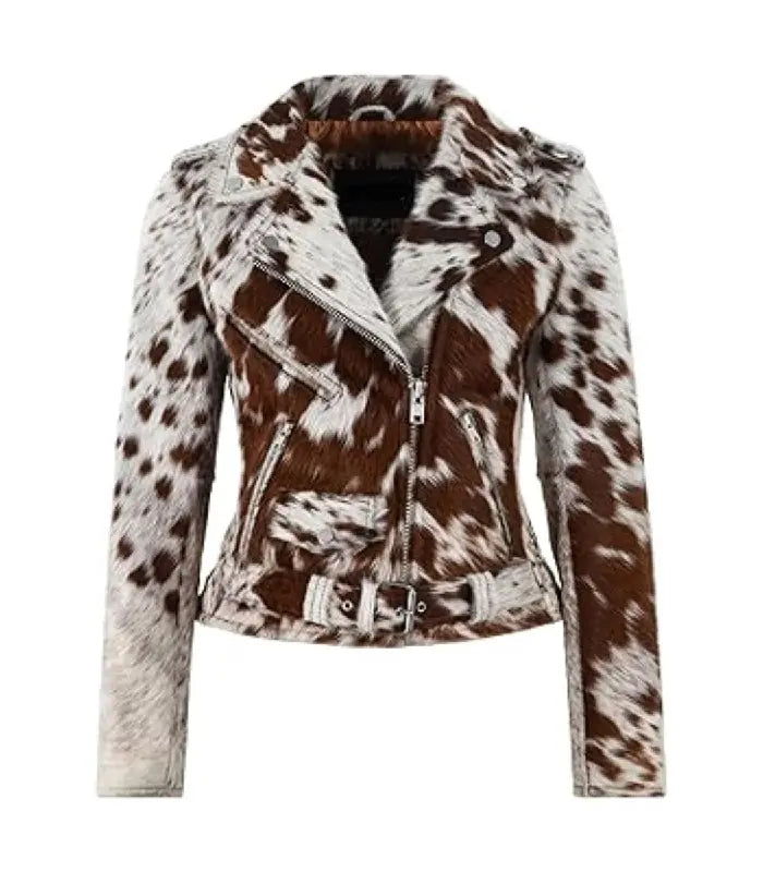 Brown and White Cowhide Leather Biker Jacket