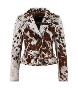 Brown and White Cowhide Leather Biker Jacket View 1