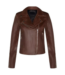 Womens Brown Classic Biker Leather Jacket View 1