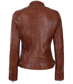 Womens Brown Leather Cafe Racer Jacket View 4