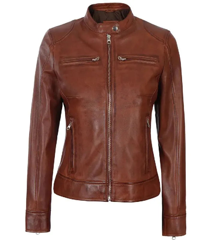 Womens Brown Leather Cafe Racer Jacket
