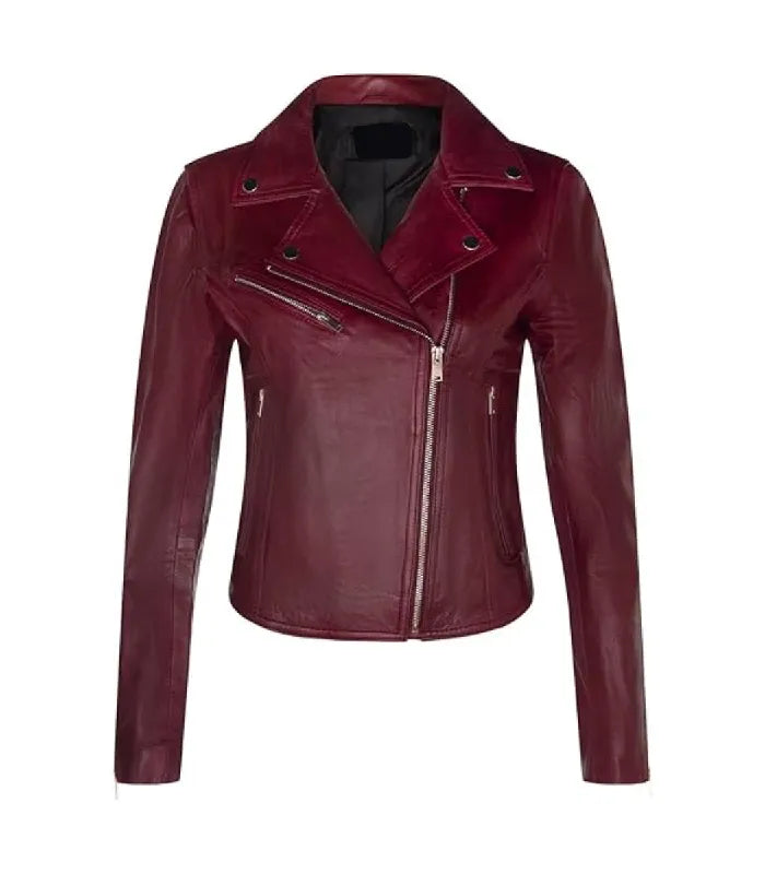 Womens Burgundy Classic Biker Leather Jacket