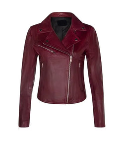 Womens Burgundy Classic Biker Leather Jacket View 1