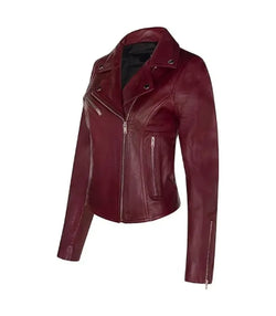 Womens Burgundy Classic Biker Leather Jacket View 3
