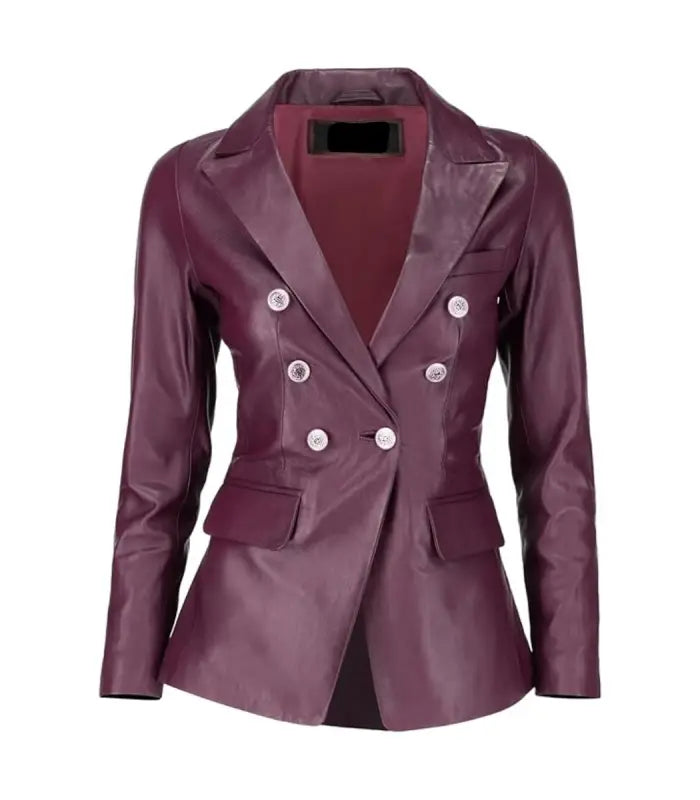 Burgundy Double-Breasted Leather Blazer