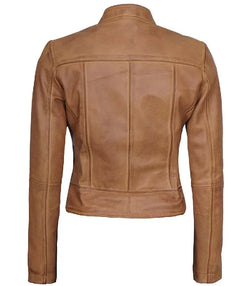 Womens Cafe Racer Camel Brown Leather Jacket View 4