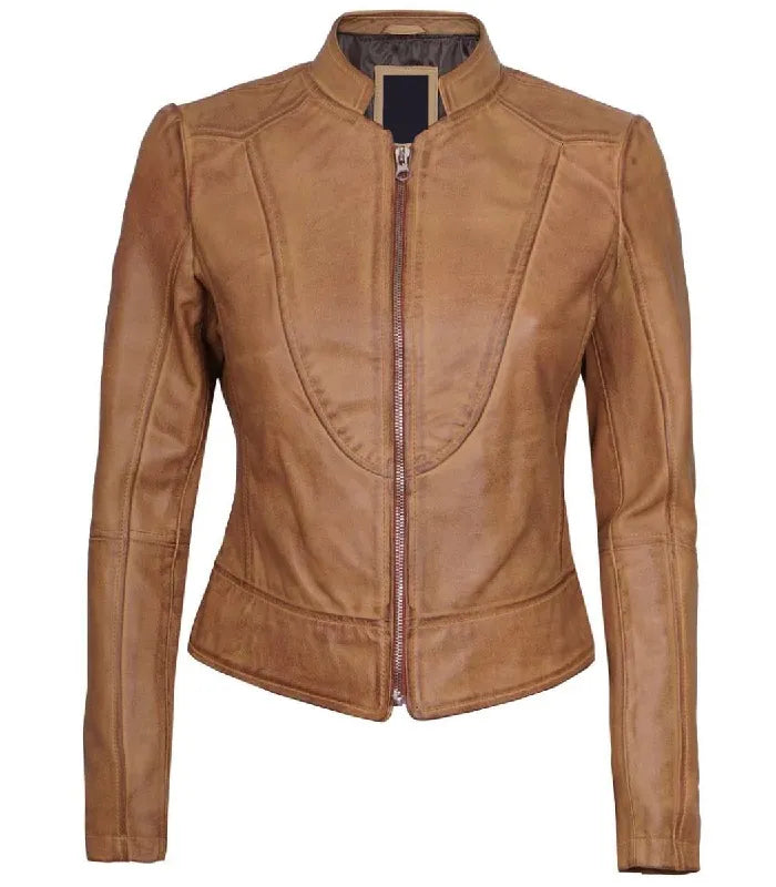 Womens Cafe Racer Camel Brown Leather Jacket