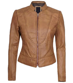Womens Cafe Racer Camel Brown Leather Jacket View 1