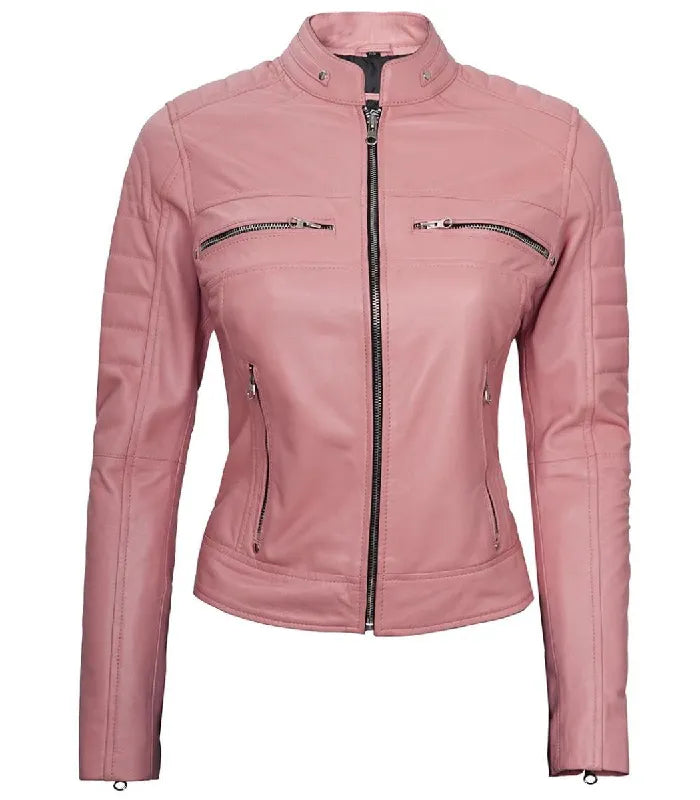 Women Cafe Racer Pink Leather Jacket