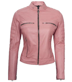 Women Cafe Racer Pink Leather Jacket View 1