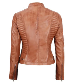 Womens Cafe Racer Tan Leather Jacket View 4