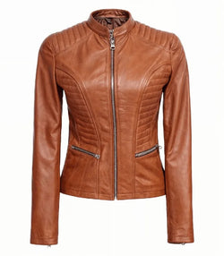 Womens Cafe Racer Tan Leather Jacket View 1