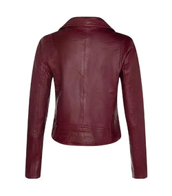 Womens Burgundy Classic Biker Leather Jacket View 2