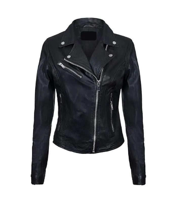 Womens Classic Black Biker Leather Jacket