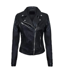Womens Classic Black Biker Leather Jacket View 1