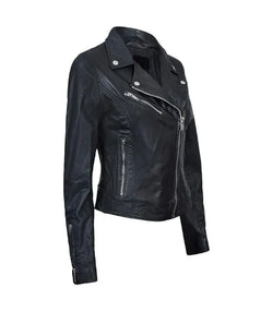 Womens Classic Black Biker Leather Jacket View 3