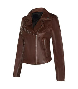 Womens Brown Classic Biker Leather Jacket View 3